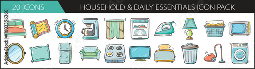 20 Household Essentials Icons for Home Use - A collection of 20 household and daily essentials icons including appliances, furniture, cleaning tools, and home decor items.