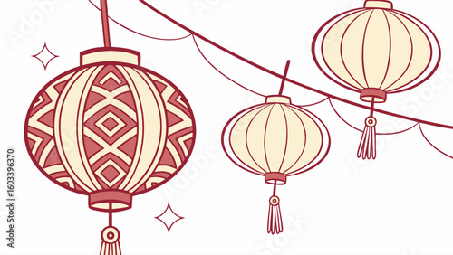 Festive Hanging Lanterns with Decorative Patterns and Tassels.