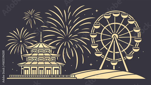 Festive Pagoda Ferris Wheel and Fireworks Display Illustration.