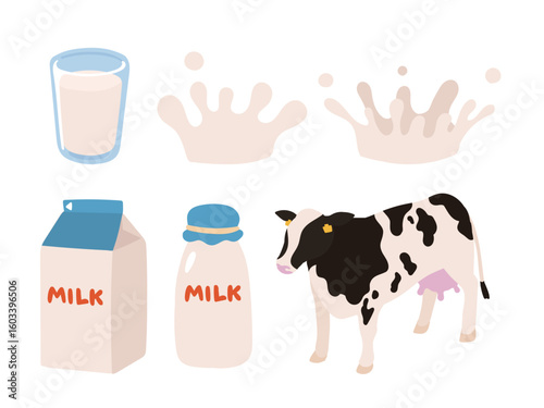 牛と牛乳のシンプルなイラストのセット