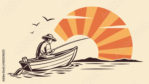 Fisherman in Rowboat at Sunset Fishing Rod and Hat.
