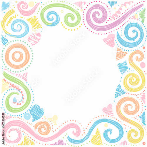 Pastel colored doodle crayon drawn whimsical frames with spiral, wavy lines, zigzag and dots. Line art cute childish funky frames. 