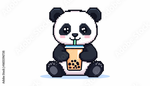 A cute kawaii panda bear character enjoying a refreshing bubble tea in a vibrant retro pixel art style. This charming 8-bit animal illustration is isolated on a white background.