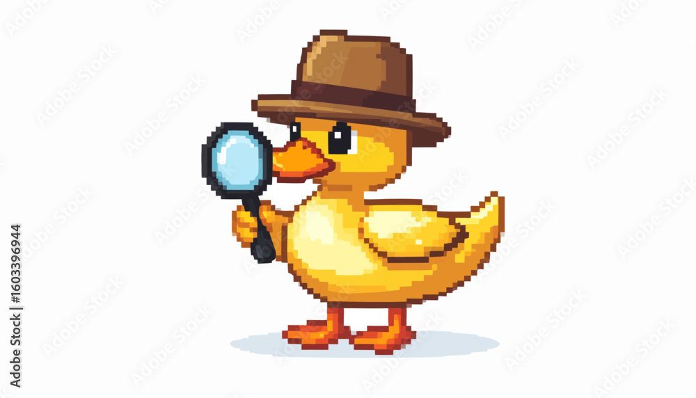 Fototapeta premium Pixel art illustration of a cute yellow duck detective character wearing a fedora and bowtie, holding a magnifying glass to solve a mystery. 8-bit retro video game sprite.