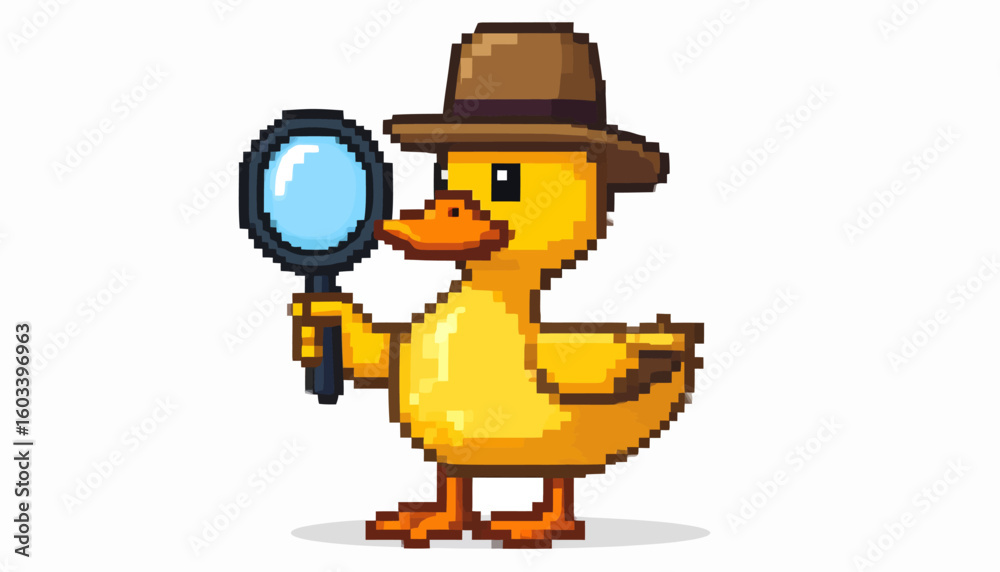 Fototapeta premium Pixel art illustration of a cute yellow duck character dressed as a detective with a brown fedora hat, holding a magnifying glass to solve a mystery case. Retro 8-bit gaming style vector graphic.
