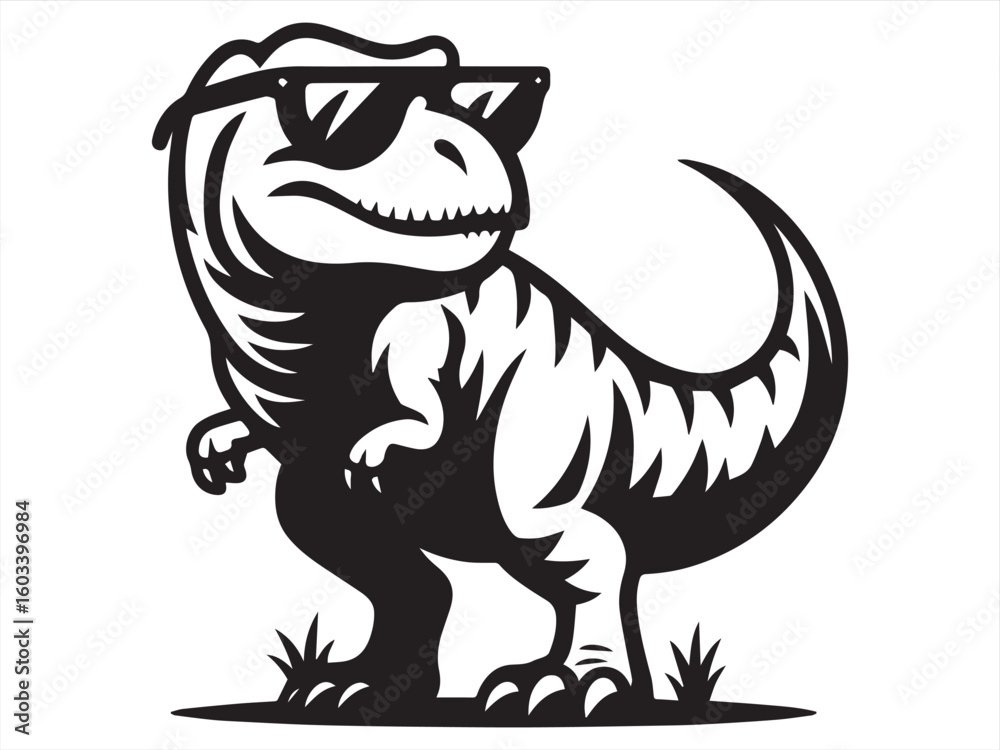 Fototapeta premium Cool Cartoon T-Rex Dinosaur Wearing Sunglasses Standing on Grass 
