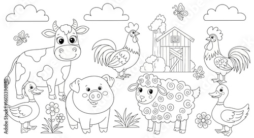 Drawing to paint farm animals coloring page for kids printable free vector cow pig duck chicken sheep barn butterfly clouds fun vector