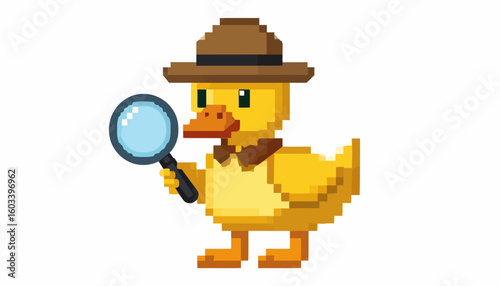 Pixel art duck detective character holding a magnifying glass. 8-bit retro gaming style icon of a cute yellow bird investigator searching for clues on a white background.