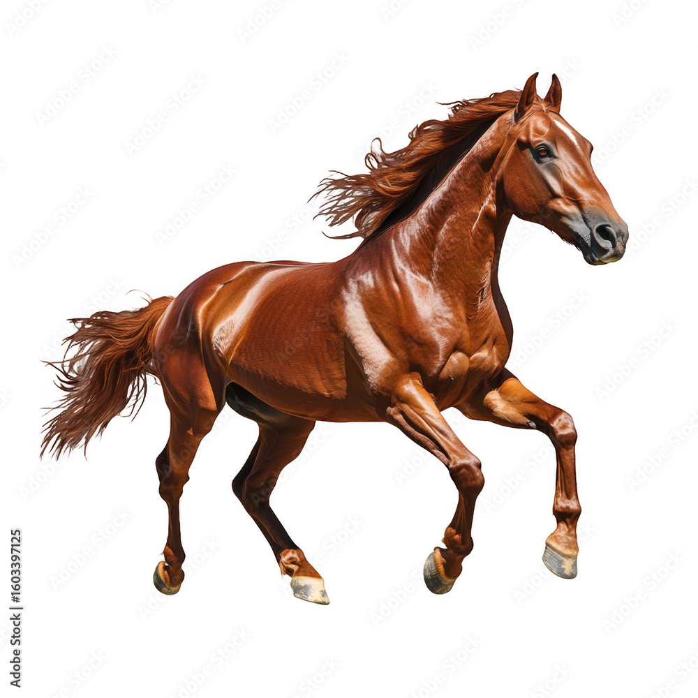 Naklejka premium Majestic chestnut horse galloping energetically through a vibrant green meadow under a clear blue sky