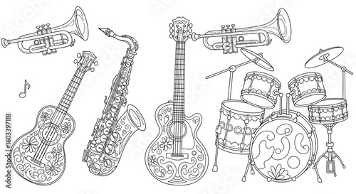 Drawing to paint musical instruments line art drawing for coloring page guitar saxophone trumpet drums music band orchestra concert vector