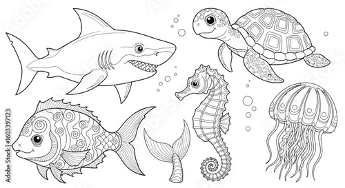 Drawing to paint ocean life coloring page for kids and adults featuring shark turtle seahorse jellyfish and fish design 100 vector