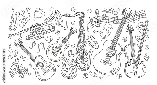 Drawing to paint musical instruments coloring page for kids and adults featuring guitar trumpet saxophone violin and notes vector