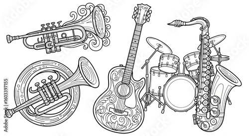 Drawing to paint musical instruments coloring page trumpet guitar saxophone drum set line art for creative kids and adults vector