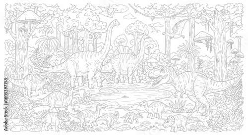 Drawing to paint dinosaur coloring page for kids and adults with t rex brachiosaurus and other prehistoric animals in jungle vector