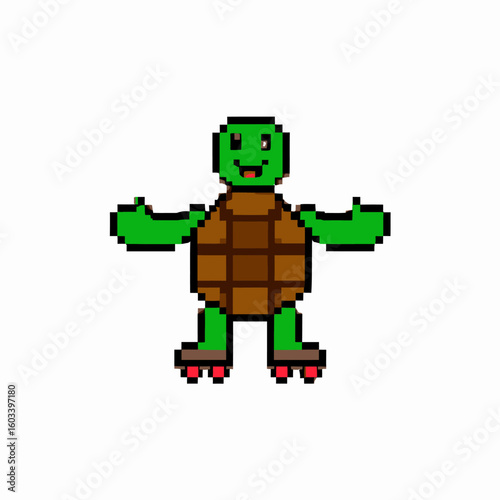 An adorable green turtle character in a retro 8-bit pixel art style, happily standing on roller skates. This isolated mascot illustration is perfect for concepts involving fun, activity, and nostalgia