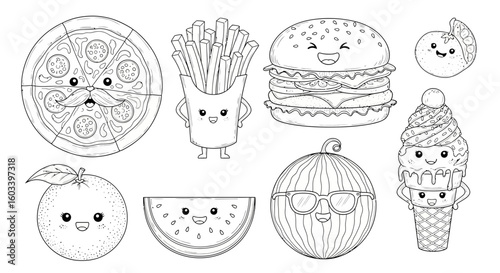 Drawing to paint cute food characters coloring page pizza burger fries ice cream watermelon orange dumpling kawaii style art vector