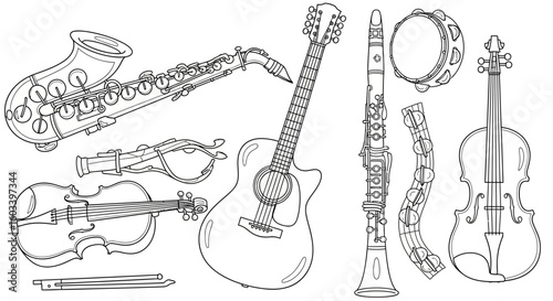 Drawing to paint musical instruments coloring page saxophone guitar violin clarinet tambourine line art for kids and adults vector