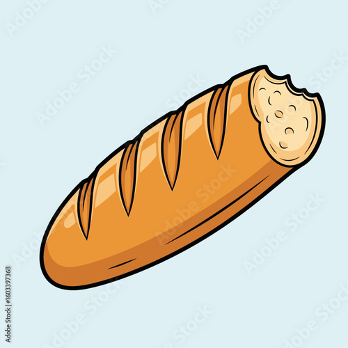 Cartoon illustration of a golden-brown baguette with a bite taken out of the end, set against a light blue background.