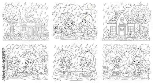 Drawing to paint rainy day coloring pages for kids children adults printable free download activity fun weather umbrellas house vector