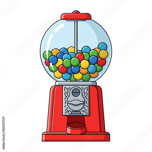 A red gumball machine with a clear globe filled with colorful gumballs, isolated on a white background.