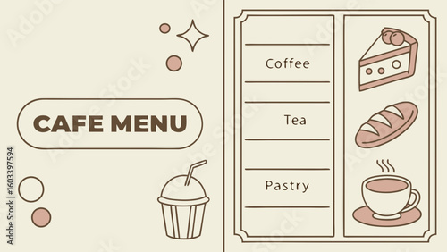 Illustrated Cafe Menu with Coffee Tea Pastry and Bread.