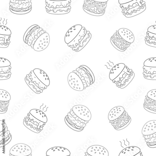 doodle burger pattern background. doodle fast food burger seamless pattern background. seamless pattern of hamburger in doodle style. Seamless Pattern of a Cheese Burger or Hamburger