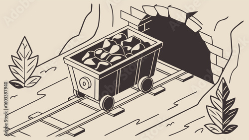 Illustrated Mine Cart Filled with Coal Emerging from Tunnel.