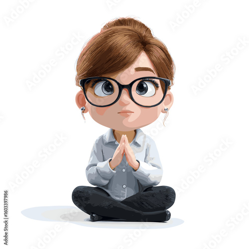 Meditative woman with glasses and hands clasped in prayer pose.
