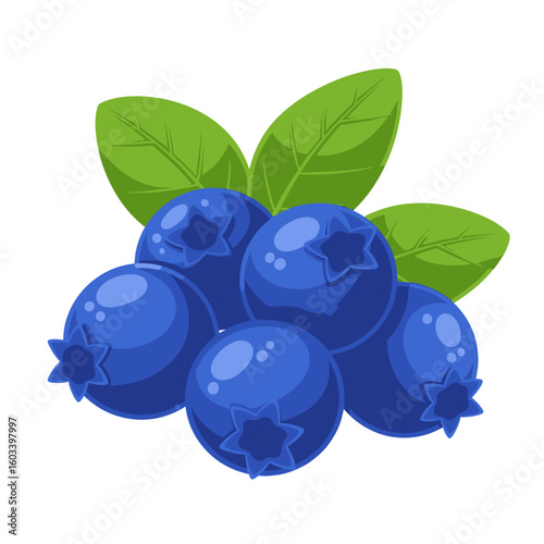 A vibrant illustration of a cluster of ripe blueberries with fresh green leaves, isolated on a white background.