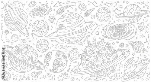 Drawing to paint planets and galaxies coloring page for kids and adults space themed detailed line art illustration vector