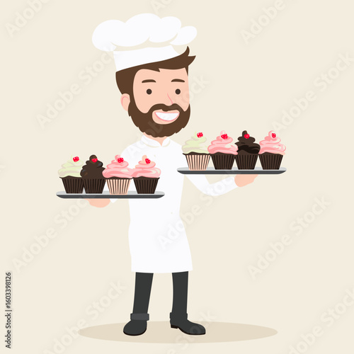 A baker proudly holding trays of delicious cupcakes.