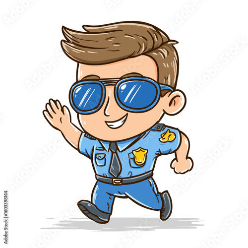Cute cartoon police officer happily running.