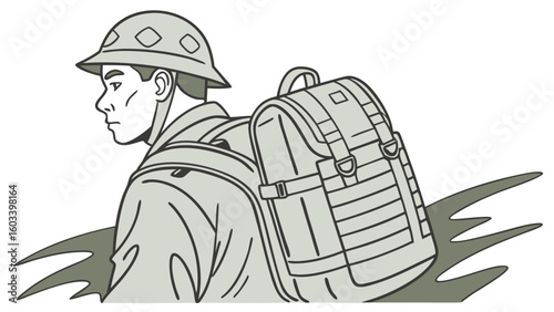 Illustrated Soldier with Backpack and Helmet in Profile View.