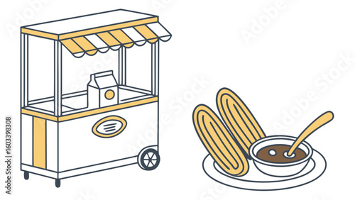 Illustration of a Churro Cart and Chocolate Dip with Churros.