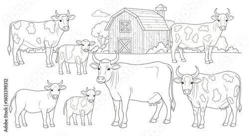 Drawing to paint cows coloring page for kids and adults printable farm animals barn drawing activity sheet vector outline vector