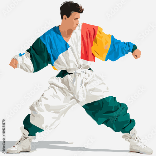 Stylish Man in Colorful Tracksuit Posing Vigorously.