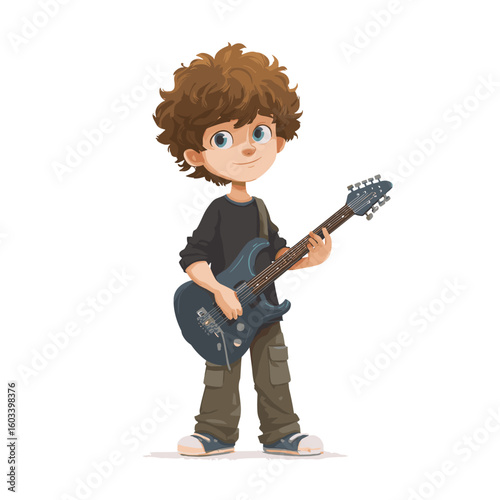 A young boy playing an electric guitar, enjoying the music.