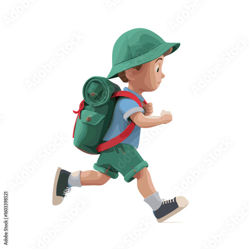 A cheerful young boy ready for a fun hiking trip.