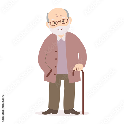 A cheerful senior man holding a cane and smiling at viewer.