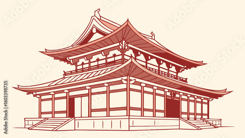 Illustration of a TwoStory Japanese Temple with Intricate Roof Design.