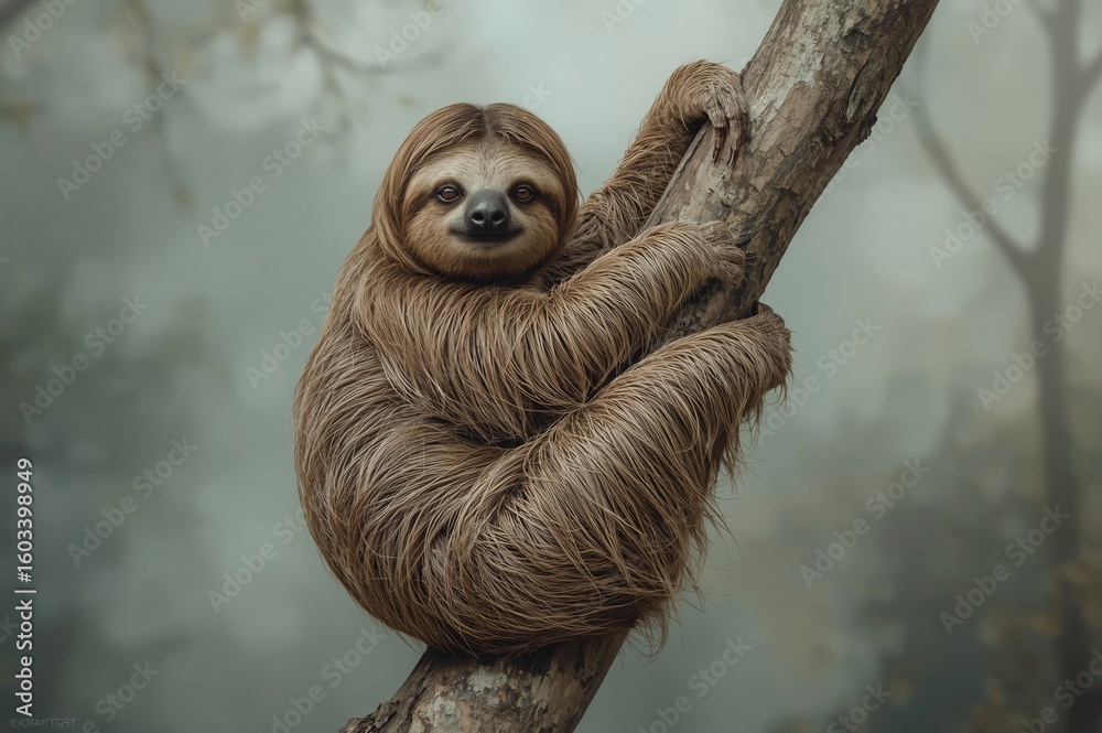 Fototapeta premium Rainforest sloth tree clinging misty background wildlife