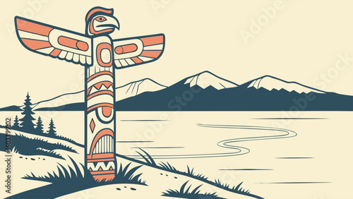 Indigenous Totem Pole at Lakeside Mountain Scenery.
