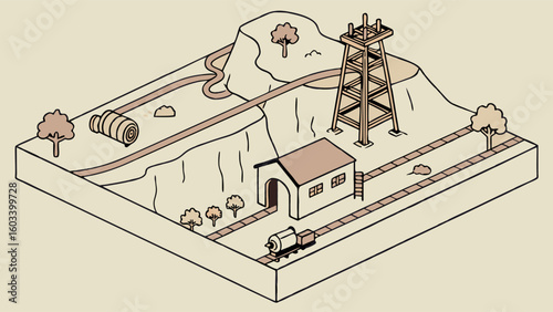 Isometric Illustration of a Mining Site with Structures and Transportation.