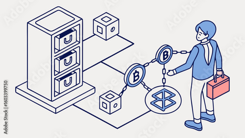 Isometric Illustration of Blockchain Technology with Man Bitcoin and Storage.