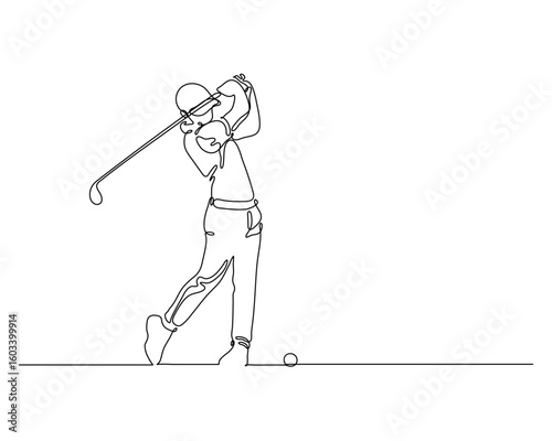 Line art of golfer mid-swing with club and ball. Elegant continuous line style for golfing and sport designs.