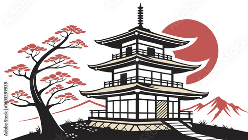 Japanese Pagoda Tree and Rising Sun Illustration in a Stylized Design.