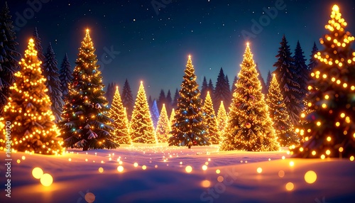 Fototapeta Naklejka Na Ścianę i Meble -  Christmas trees in a snowy forest at night