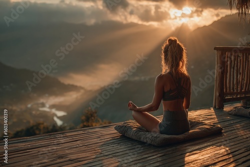 Woman meditates at sunset, sitting in the lotus position on a wooden terrace in the mountains, enjoying the peace and quiet