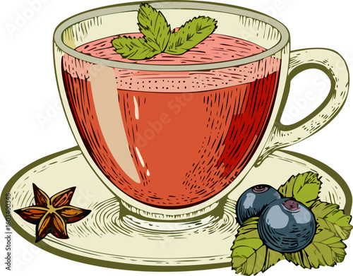 A refreshing herbal tea in a glass cup, garnished with fresh mint and blueberries