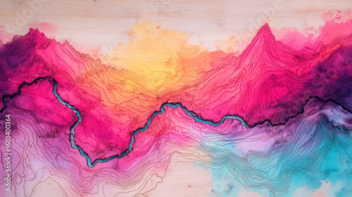 Abstract colorful mountain landscape with vibrant pink, orange, and blue hues and a winding river flowing through layered terrain lines.